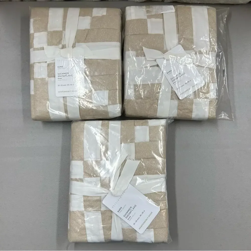 3 Pottery Barn Shimmer Snowflake Quilted EURO Pillow Sham Covers Cream White NWT
